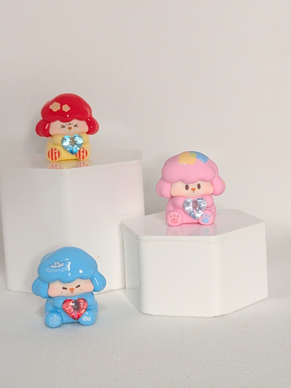 Cute Heart-Plush Mini Figures - Pink, Blue & Red Set